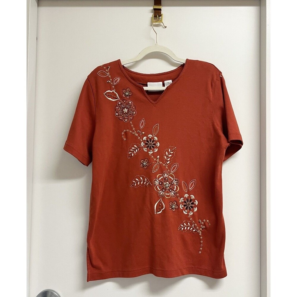 Alfredo Dunner Women's Orange Top With Rhinestone Design & Flowers Sz Medium